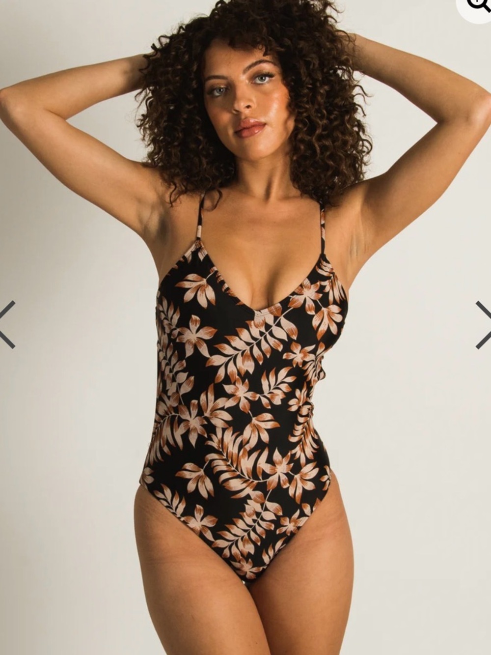 Skinny Dip One-Piece Swimsuit - Black with Leaf Floral design NWT